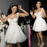 LoveDress Glitter Lace 3D Flowers Mini Short Wedding Dress V-Neck Appliques Bridal Gowns Backless Shiny Sleeveless Bride Dress